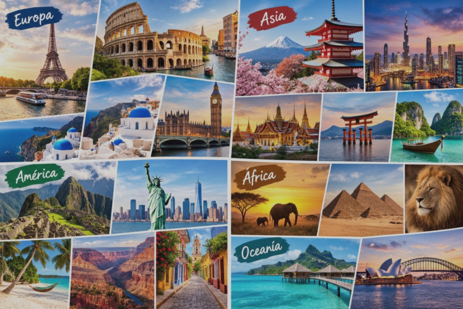Collage de destinos internacionales por continente: Europa, Asia, América, África y Oceanía
