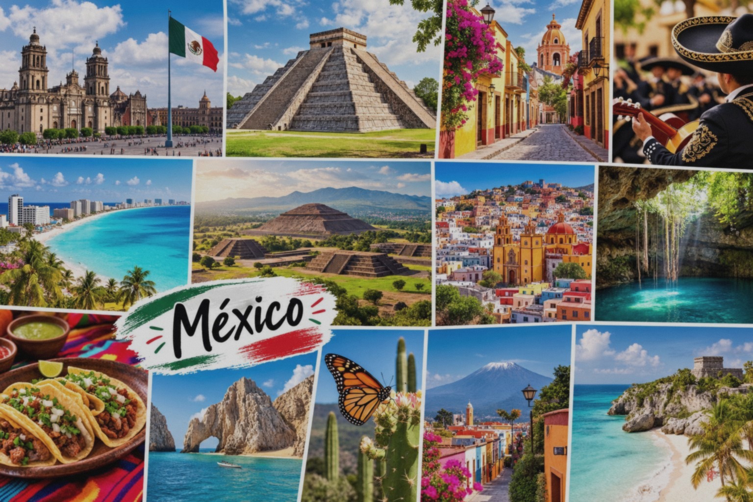 Collage de destinos de México: CDMX, Chichén Itzá, Cancún, Los Cabos, Guanajuato y más