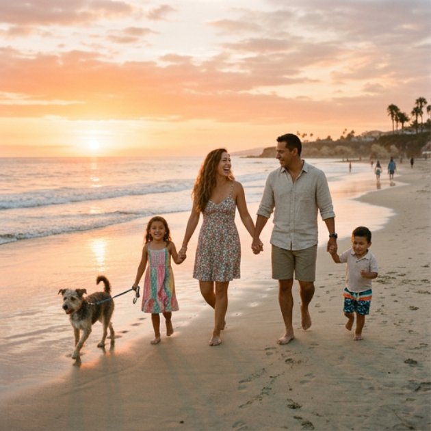 Familia disfrutando un atardecer en la playa